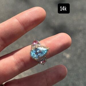 💙 14K White & Yellow Gold Blue + Pink Topaz Cocktail Ring | 7.16ct Center Gem 💖
